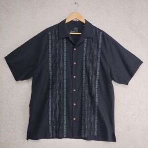Tommy Bahama Shirt Mens XL Black Embroidered Cuban Aloha Silk Blend Short Sleeve